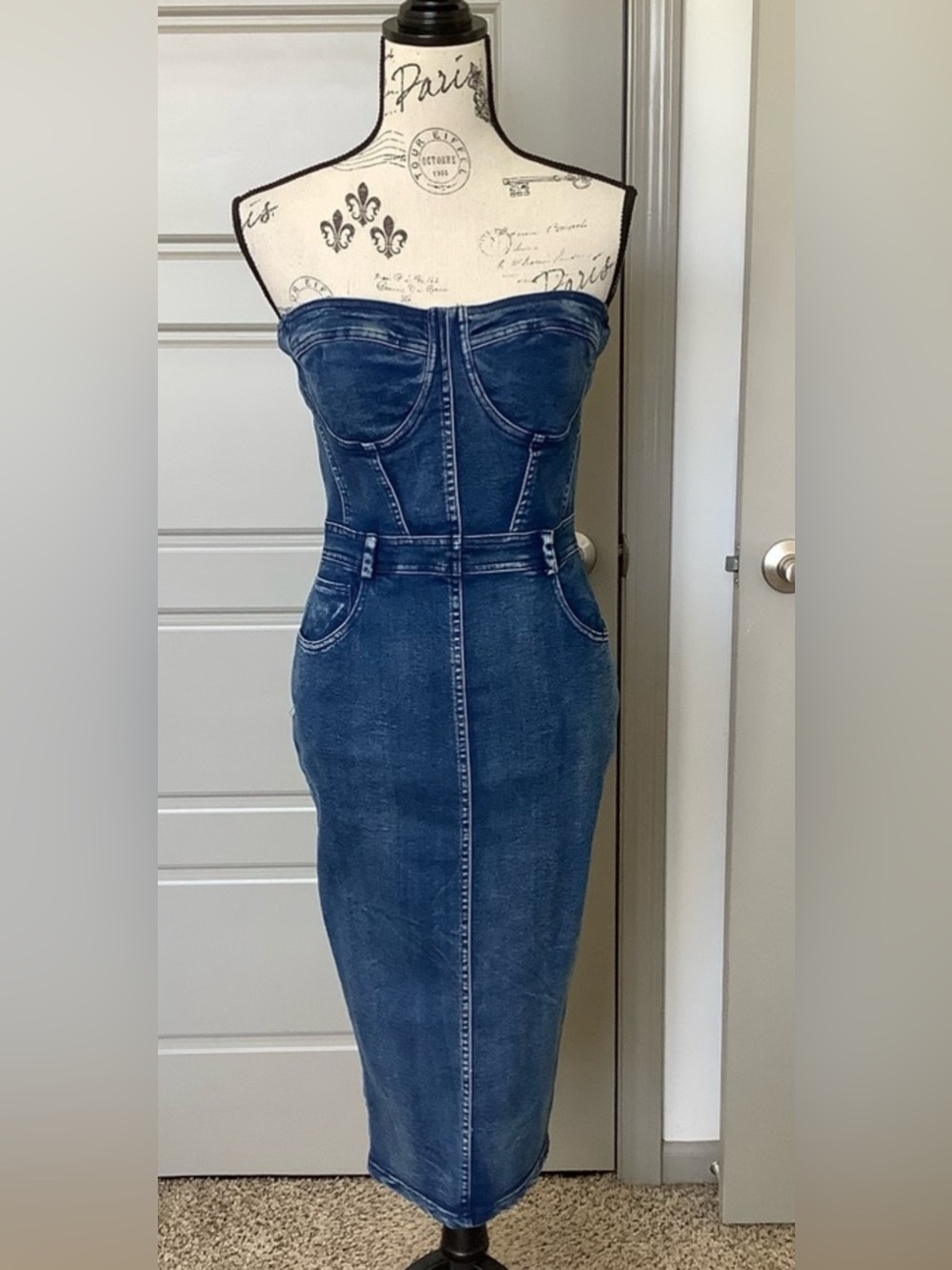 Fashion Nova Denim Strapless Corset Midi Dress - Deep Blue XL